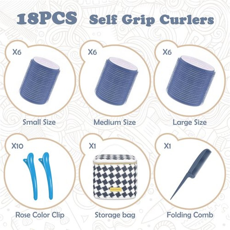 Hair Roller Set 18 pcs Heatless Self Grip Rollers With Clips and Comb, Salon Curlers for DIY Styles, 3 Navy blue Sizes in 1 Set by Sungenol