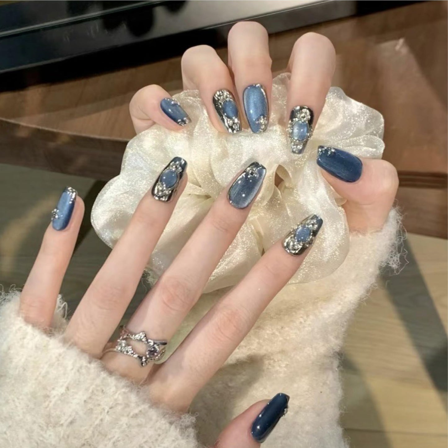 Lurenia • Lxssie Handmade French Design Press On Nails Gift Set with Hand-Painted Silver Texture, Inlaid Rhinestones, and Cat’s Eye Blue Gemstone (EXTRA SMALL-Cat’s Eye Blue Gemstone, )