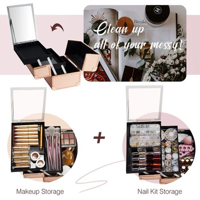 Joligrace Beauty Makeup Train Case for Lady Portable Cosmetic Box Jewelry Organizer Lockable with Keys and Mirror 2-Tier Trays Carrying with Handle Makeup Storage Box - Rose Gold