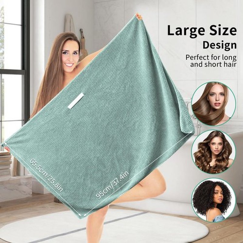 my novel things 2 Pack Extra Large Microfiber Hair Towel, 37.4" x 26.4" Hair Towel wrap for Women, Super Absorbent & Quick Dry Hair Towel, Hair Towel Wrap with Elastic Strap for Curly Hair (Green)