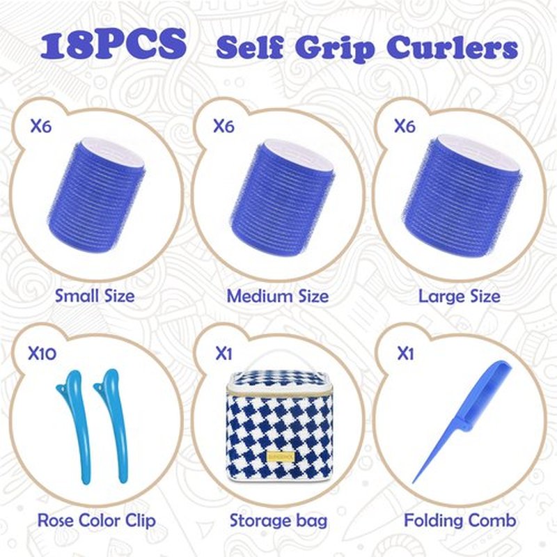 Hair Roller Set 18 pcs Heatless Self Grip Rollers With Clips and Comb, Salon Curlers for DIY Styles, 3 Blue Sizes in 1 Set by Sungenol
