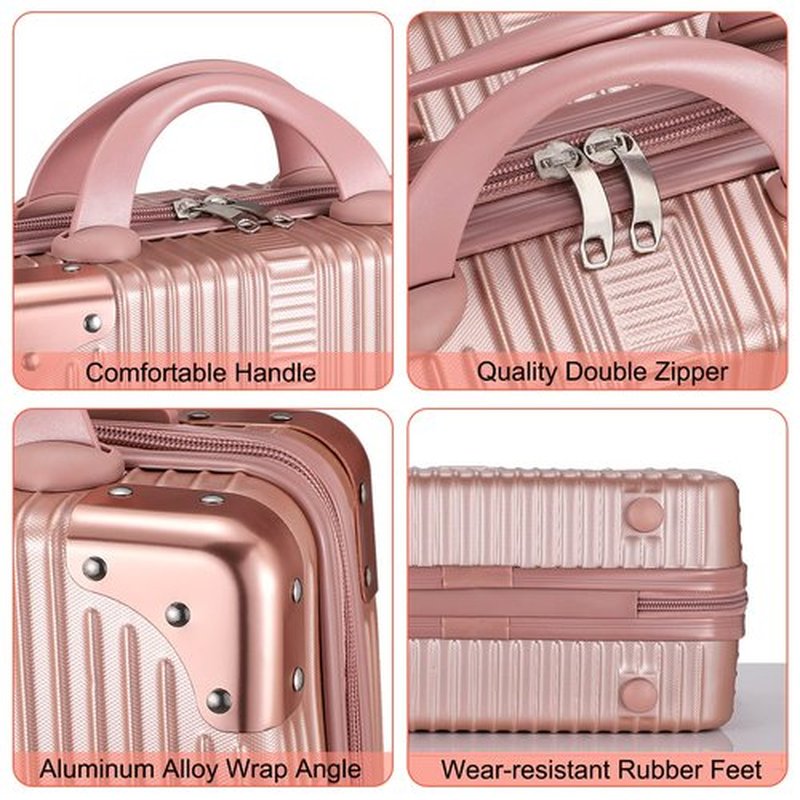 Noverlife Portable Makeup Travel Case Hand Luggage 12 Inch, Pressure-proof ABS Carrying Makeup Case Suitcase with Elastic Band, Small Hard Shell Cosmetic Case for Travel Camping Women Girl - Rose Gold