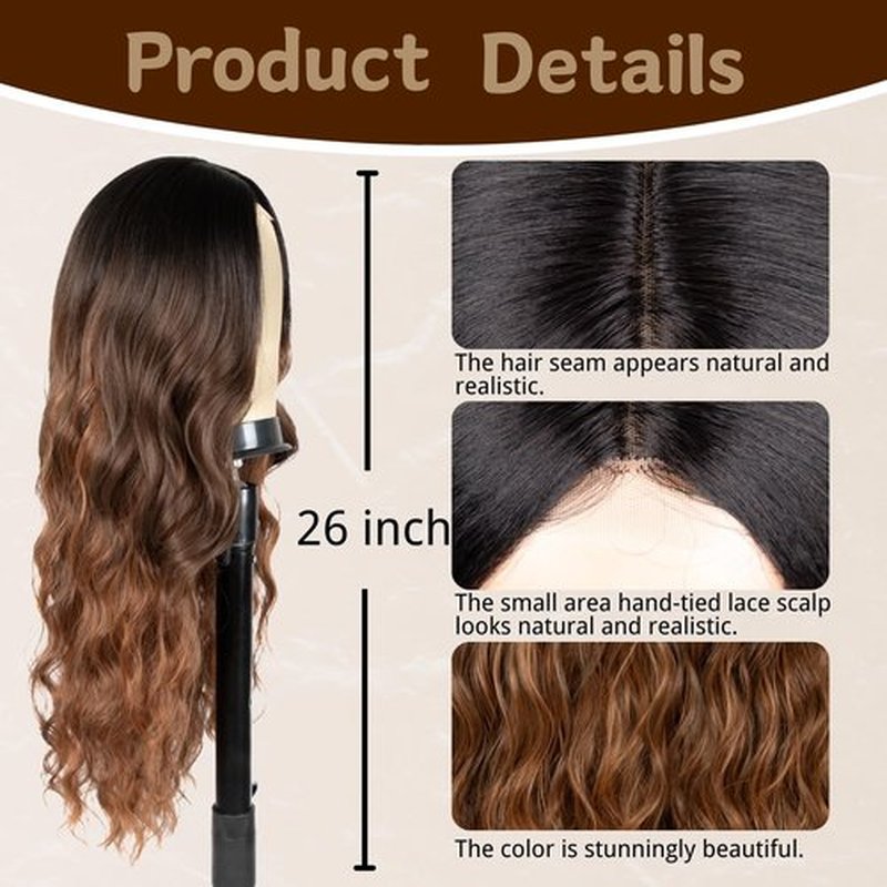 Long Brown Highlight Wig for Women 26 Inch Middle Part Wavy Women Charming Wigs Realistic Natural Looking Synthetic Heat Resistant Fiber Wig for Daily Party Use