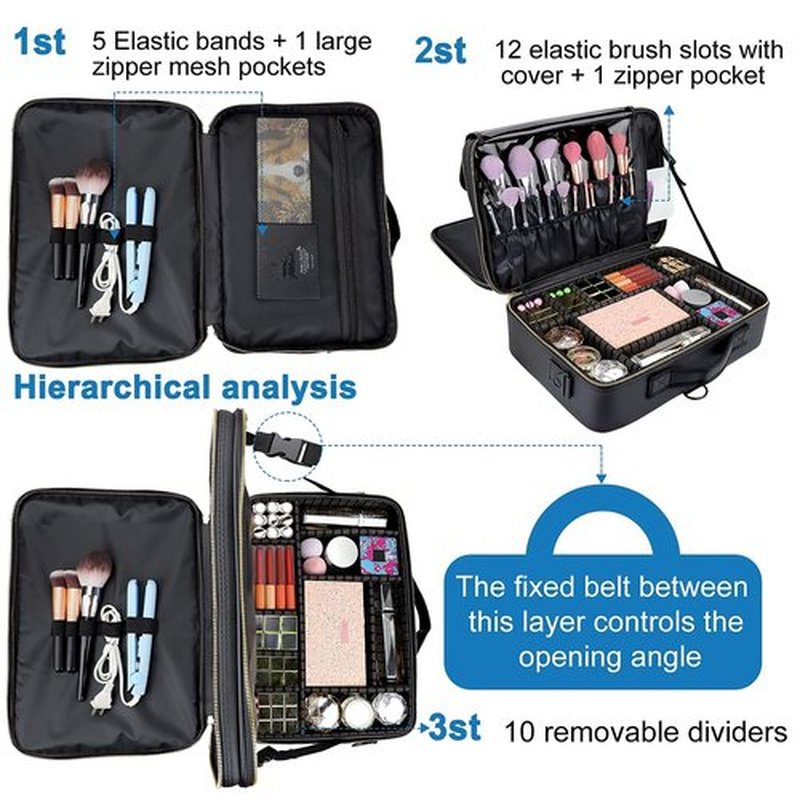 Makeup Case Travel 3 Layers Makeup Train Case Organizer Cosmetic Bag Portable Makeup Storage for Women Bags with Adjustable Dividers and Shoulder Strap for Toiletry Travel Accessories(Black, L)