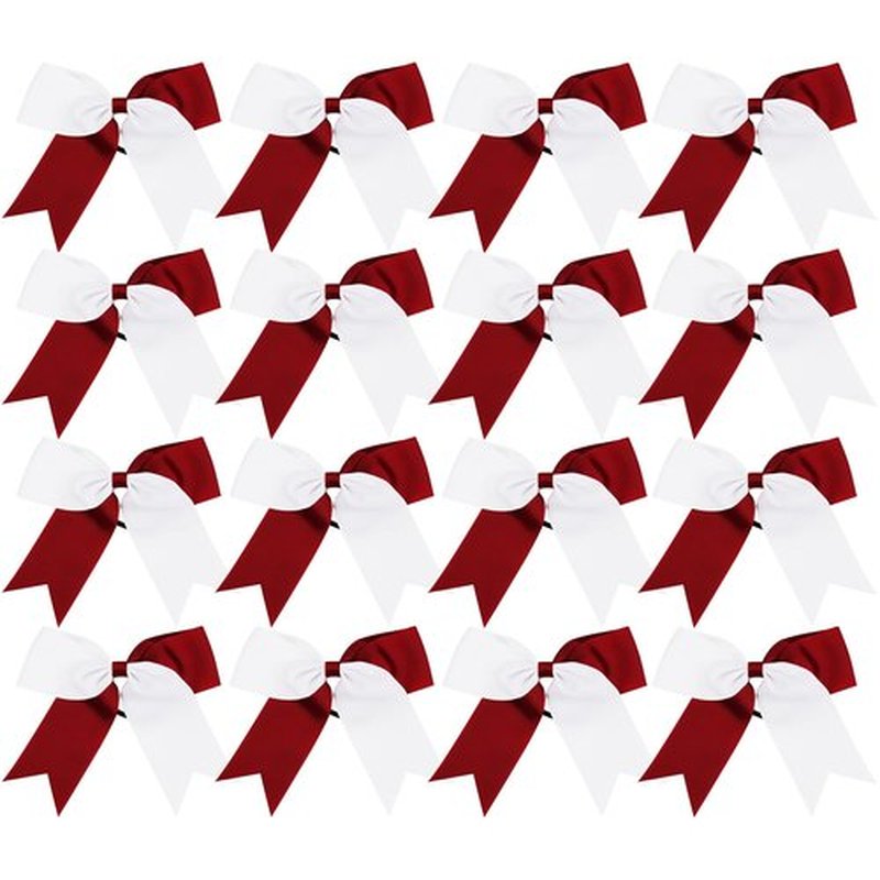 Cheer Bows 6 Inch 2 Color Ponytail Holder Hair Tie 16 Pcs Hair Bow Cheerleader Bows Hair Tie (White/Maroon)