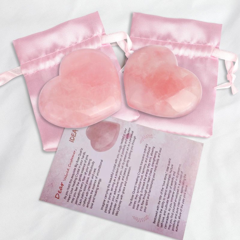 ideayard 45mm Rose Quartz Crystal, 2pcs Heart Stone Puff Heart, Love Palm Healing Stone, Reiki Crystal Gemstone Worry Stones for Anxiety Crystal