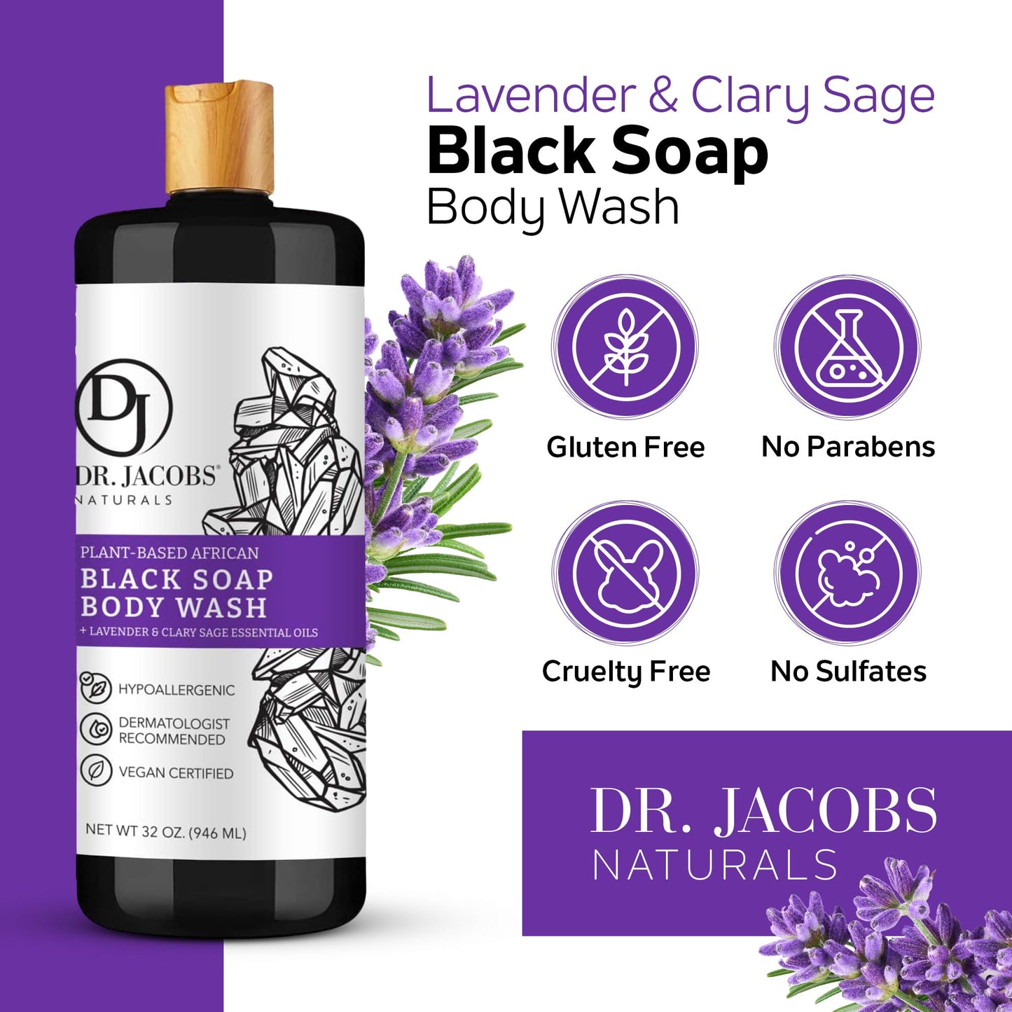 Dr Jacobs Naturals Authentic African Black Liquid Soap with Lavender & Sage Scent | All-In-One Face Wash, Sensitive Skin Body Wash, Shampoo, Shaving Soap | Moisturizing and Nourishing Formula 16oz 2pk