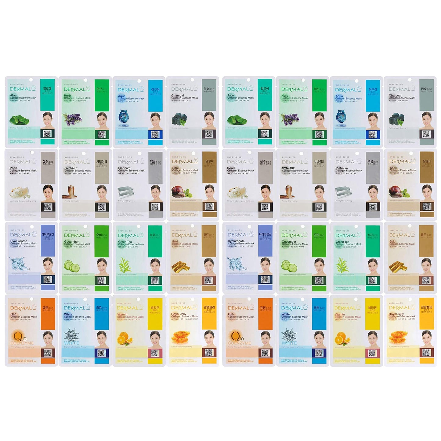 DERMAL 32 Combo Pack Collagen Essence Korean Face Mask - Hydrating & Soothing Facial Mask with Panthenol - Hypoallergenic Self Care Sheet Mask for All Skin Types - Natural Home Spa Treatment Masks