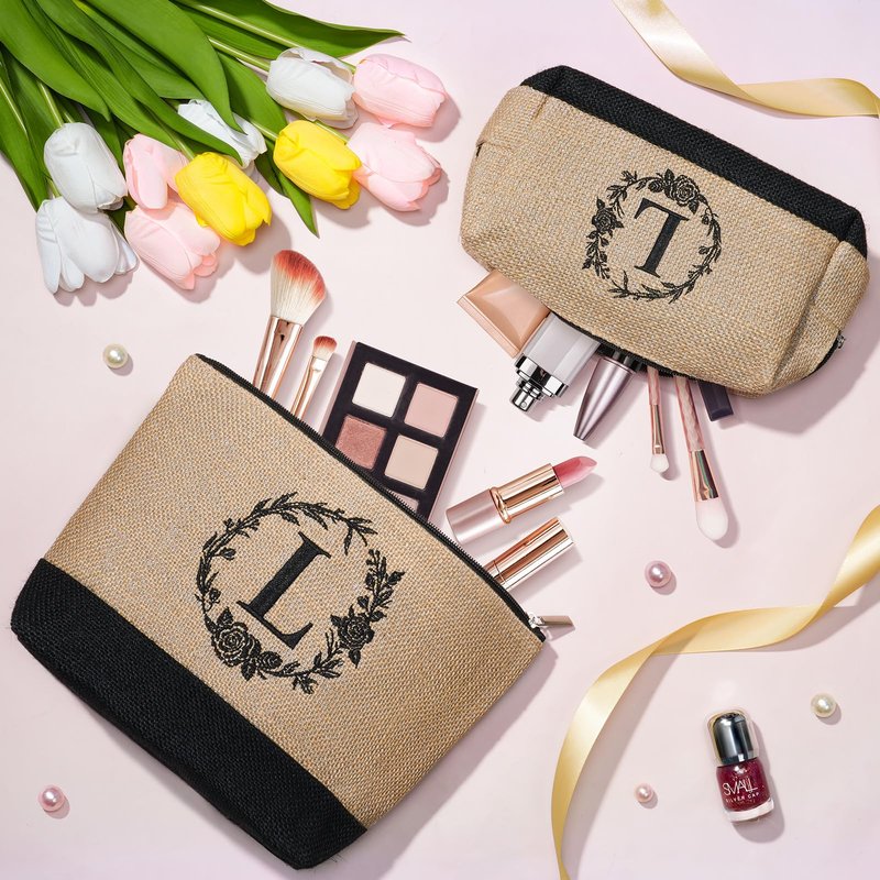 Personalized Gifts for Women Tote Bag, Initial Jute Tote Bag & Makeup Bags Monogrammed Beach Bag w/ Zipper, Mothers Day Birthday Gifts for Women Her Friends Mom Daughter Sister Grandma Teacher Nurse