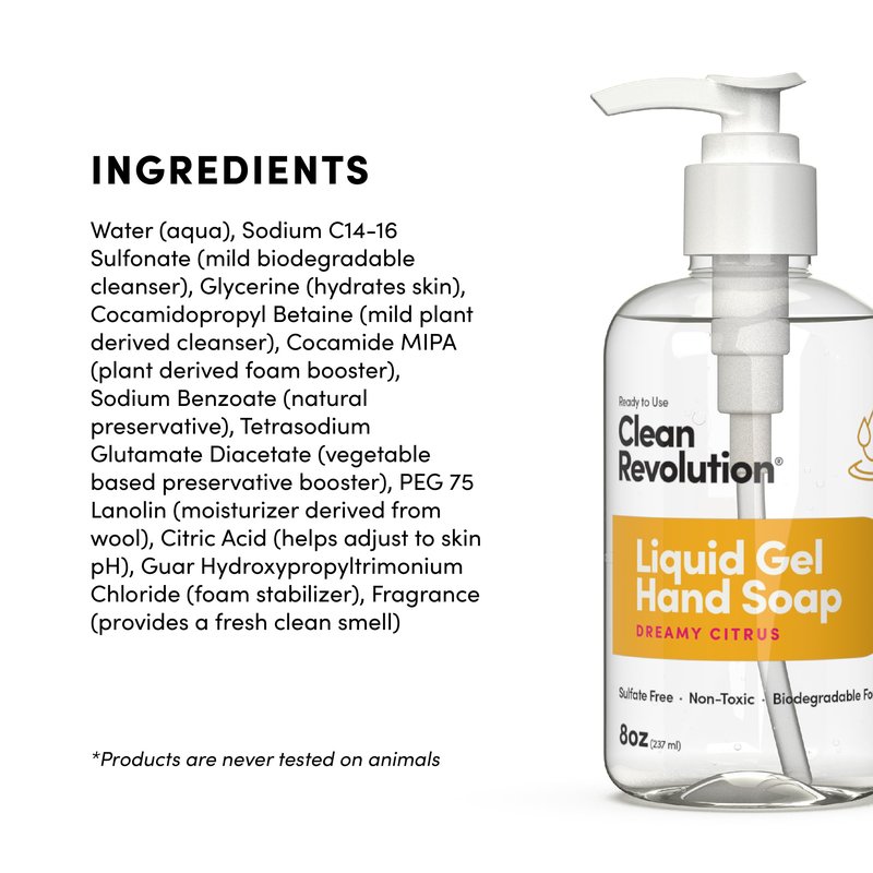 Clean Revolution Liquid Gel Hand Soap, Silky Rich Liquid, Quick Lather, Fast Rinsing, Contains Real Essential Oils (Dreamy Citrus) 8 Fl Oz (Pack of 6)