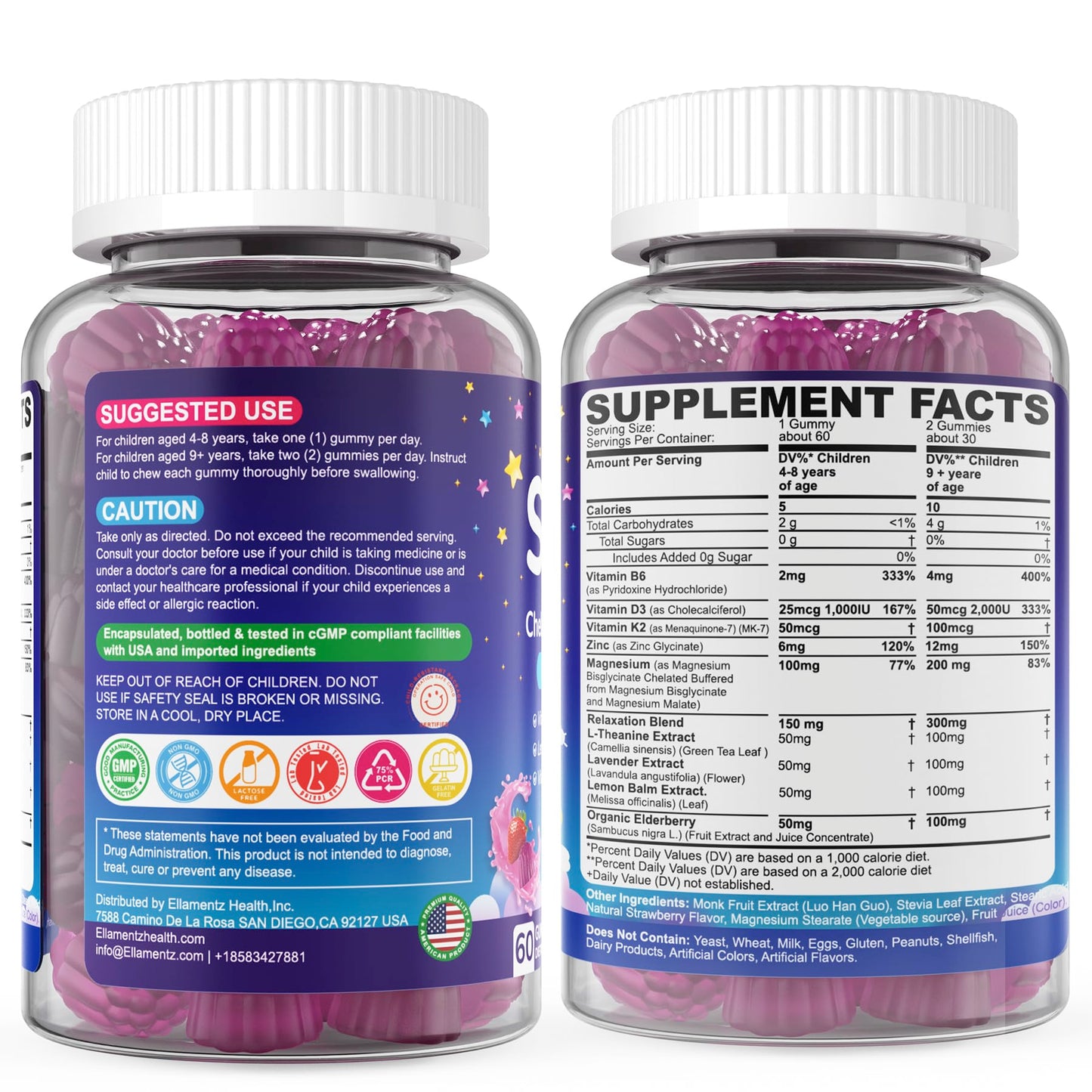 Kids Sleep Gummies, NO Melatonin Sleep Aid Gummies w/ Magnesium Glycinate, Magnesium Malate, L-Theanine, Lavender, B6, Zinc, D3K2 for Restful Sleep, Relax Brain & Muscle, Immune Support, Non-GMO 2Pack