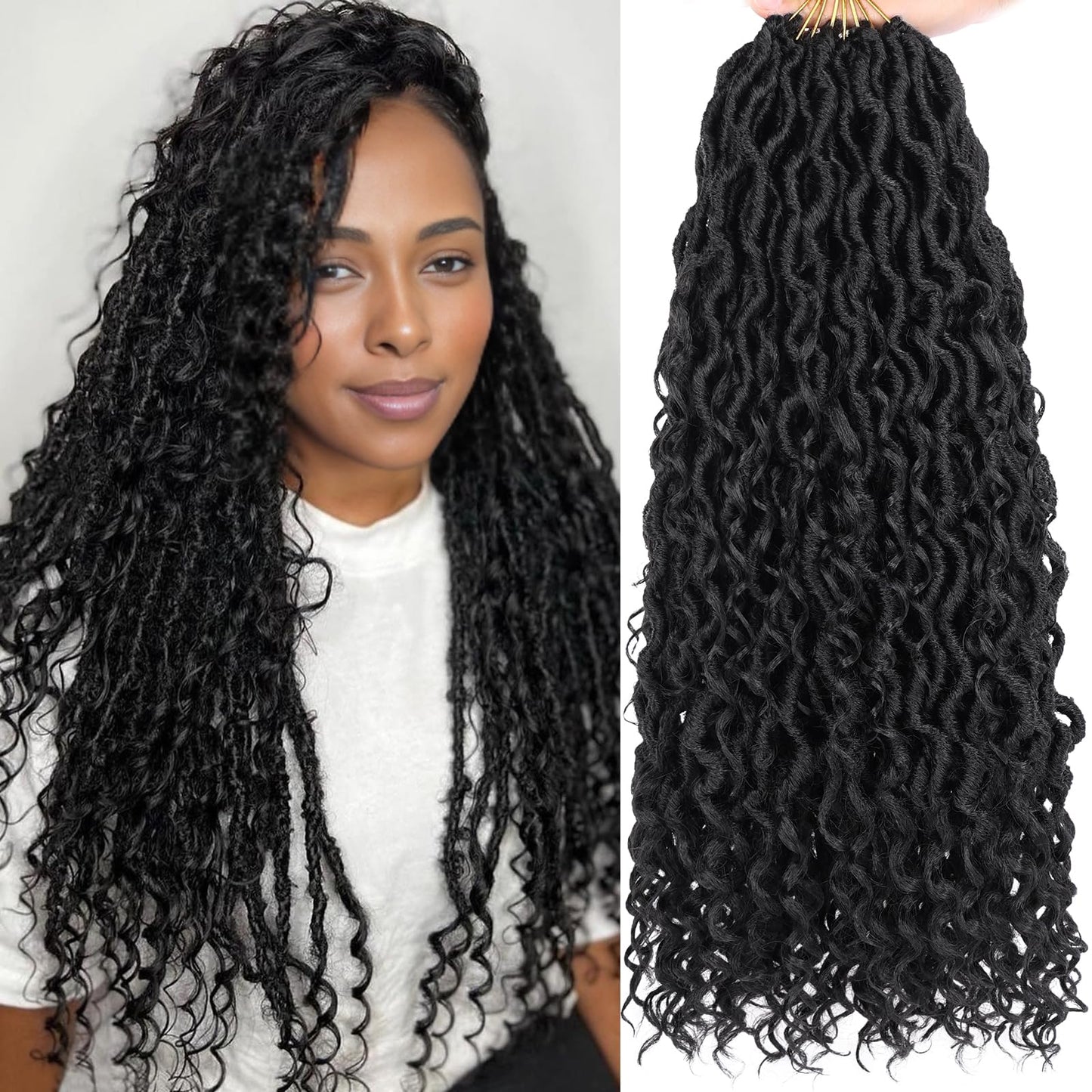 COOKOO 18 Inch 8 Packs (14 Stands/Pcs) Pre-looped Crochet Goddess Locs with Curly Ends Jet black Soft Faux Locs Wavy Crochet Braiding Hair Pre Curled Goddess bohemian Locs Crochet Hair for Women