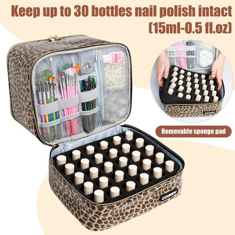 Covkev PU Leather Nail Polish Organizer Bag Holds 30 Bottles (15ml - 0.5 fl.oz) & Nail Lamp, Portable Nail Kit Storage Carrying Case, Double Layer Nail Supplies Organizer Handbag (Leopard)