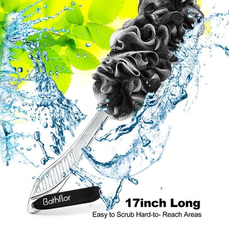 Bathflor Loofah Sponge Exfoliating Body Scrubber: 4PCS Extra Large 80g Shower Loofah Poufs, 1PCS Long Handle Loofa Back Scrubber, 1PCS Luffa Hook, Charcoal Loofah Pack for Women Men Bath Wash, Black