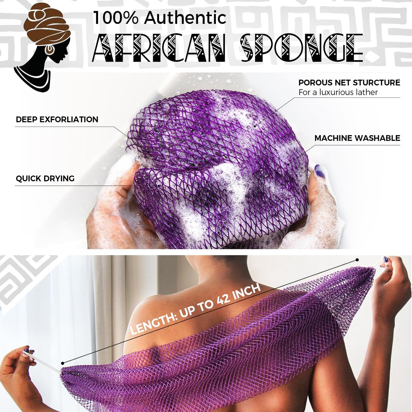 African Net Sponge Authentic - 2 Pieces Real African Exfoliating Loofah Sponge with Knots - African Net Wash Cloths for Body Scrubber Exfoliator Purple & Pink - Back Scrub for Shower Bath Accessories