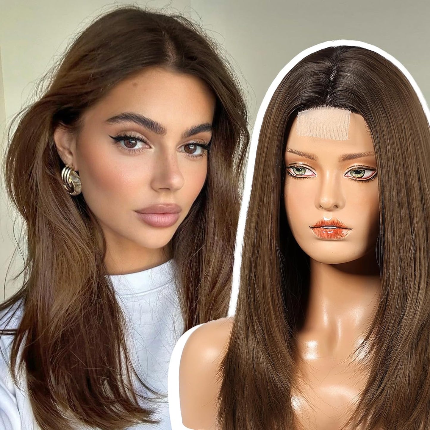 EMMOR Long Layered Wigs,Natural Central Lace Bob, Premium Heat-Resistant Synthetic Straight Wigs for Women Daily Use(Ombre Brown with Dark Roots)