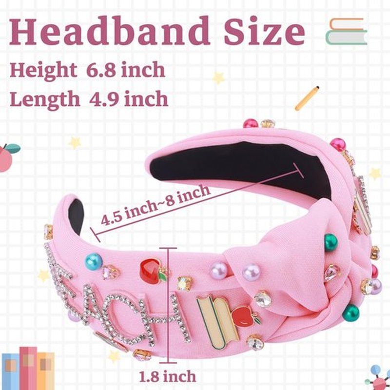 Teacher Headband for Women, Pearl Crystal Knotted Headband, Pencil Book Embellished Jeweled Top Knot Headband Teacher Hair Accessories for Back to School Teacher’s Day Appreciation Gifts (Pink)