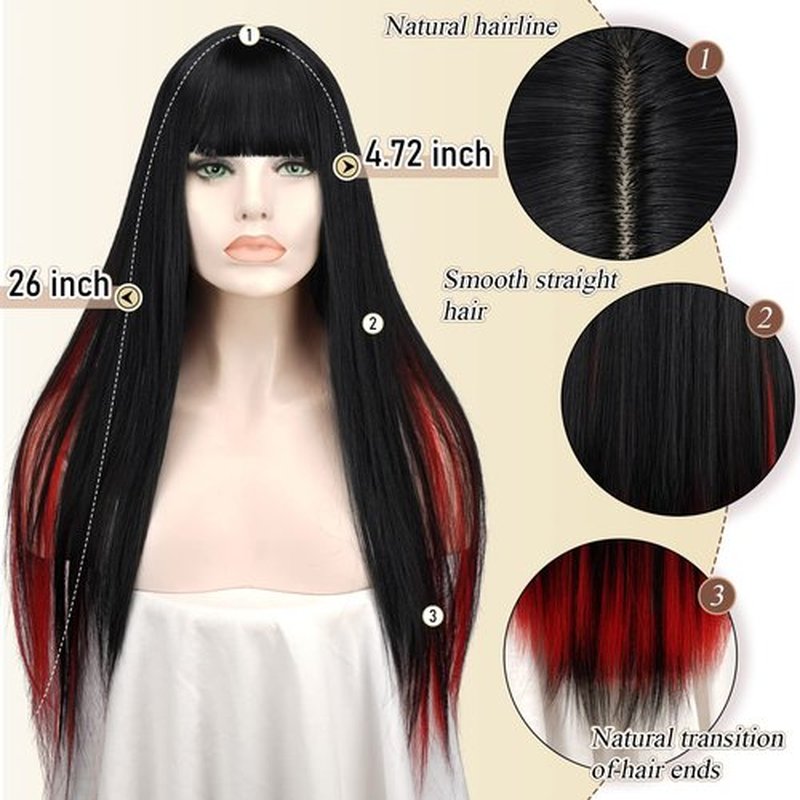 SOFEIYAN Long Straight Wig with Bangs Black&Red Synthetic Hair Replacement Wigs Heat Resistant Full Wig for Women Girls 26 inches