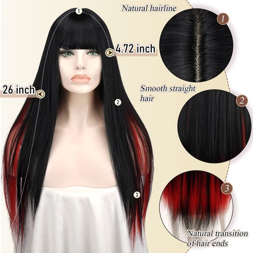 SOFEIYAN Long Straight Wig with Bangs Black&Red Synthetic Hair Replacement Wigs Heat Resistant Full Wig for Women Girls 26 inches