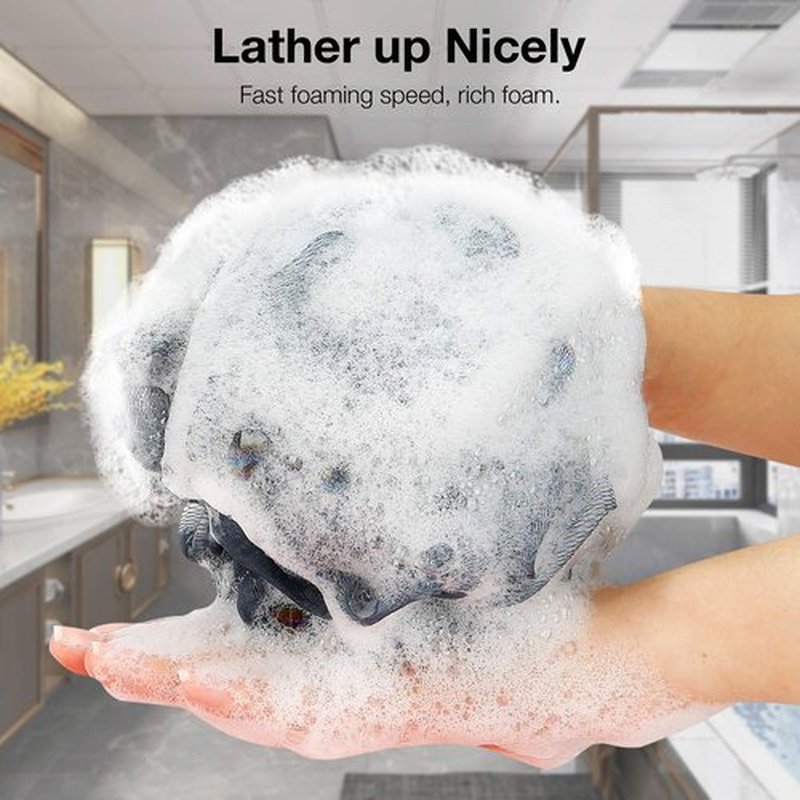 DadyMart Bath Shower Loofah Sponge 60g Bath Mesh Pouf Shower Ball Body Scrubber Exfoliating Bath Sponge for Women and Men, Set of 4, Drak Grey-Pink-Grey-White