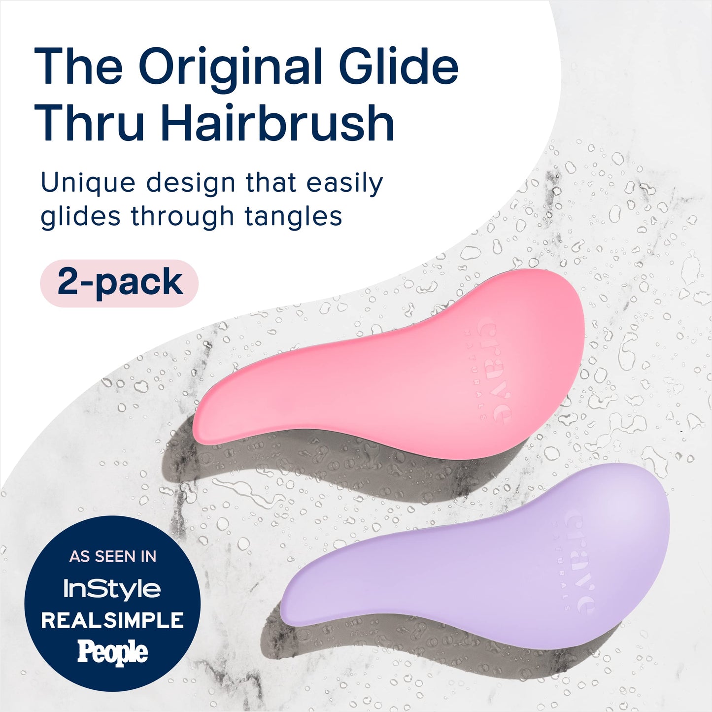 Crave Naturals Glide Thru Detangling Brush for Adults and Kids - Detangler Hair Brush for Curly or Straight, Wet or Dry Hair - Gentle on Tangles Hair Comb - 7.5x3-Inch, Pink and Purple (Pack of 2)