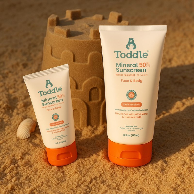 Toddle Prebiotic Mineral Sunscreen SPF 50 for Kids & Baby, Face & Body Sun Protection, Reef Safe, Non-Toxic Zinc Oxide Broad Spectrum, Water-Resistant, No White Cast, Travel Size 3.4oz