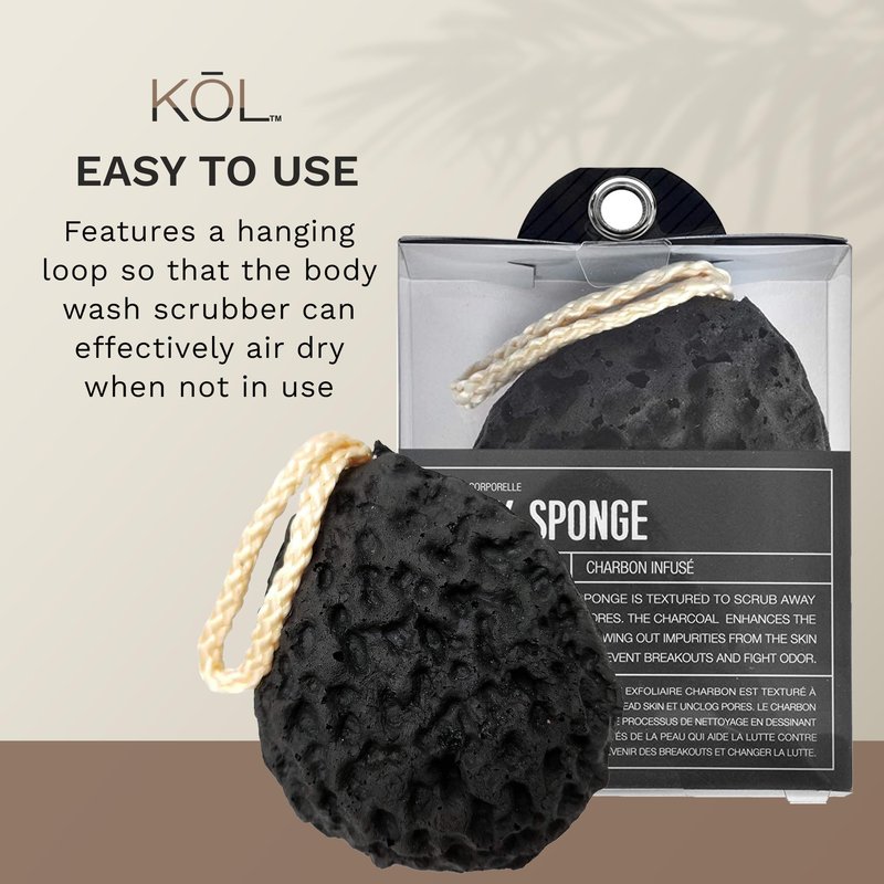 KOL Loofah, Bamboo Charcoal Infused Shower Body Sponge for Men and Women, Exfoliating Bath Scrubber, Black