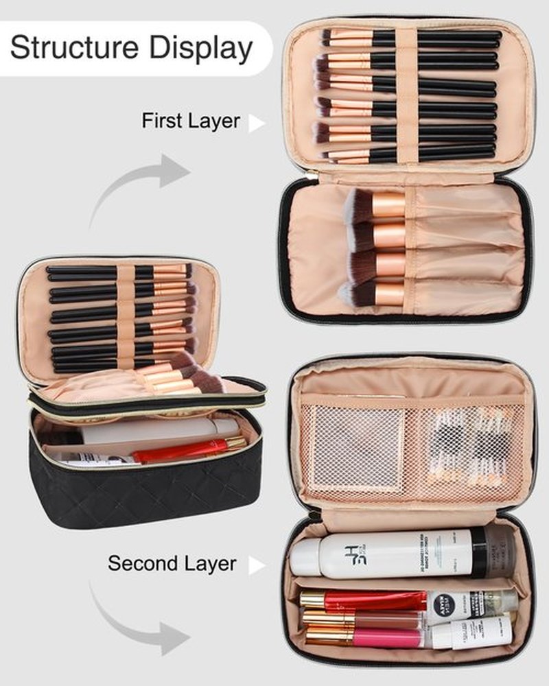 Relavel Travel Makeup Bag, Compact Cosmetic Bag for Women, Waterproof Makeup Brush Holder Organizer with Adjustable Dividers (Black)
