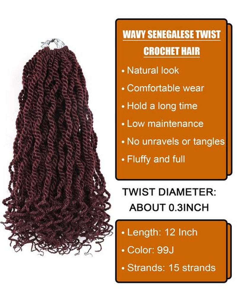 Senegalese Twist Crochet Hair 12 Inch Burgundy Twist Crochet Hair for Black Women Shrot Rope Twist Crochet Braids Pre Looped 2 Strand Crochet Twists (12 Inch,99j)