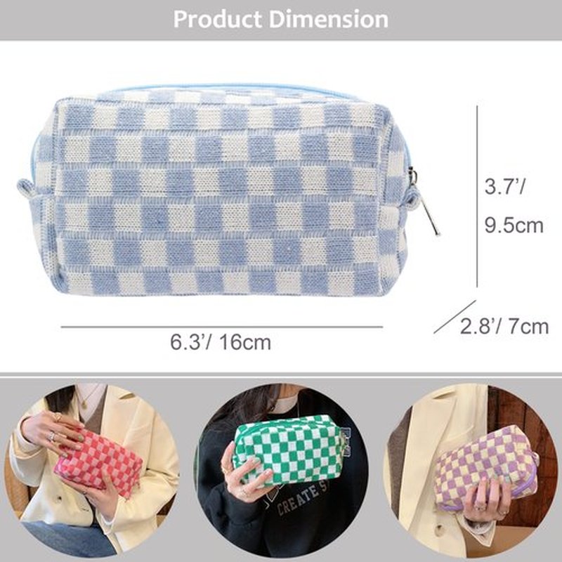 PAZIMIIK Checkered Makeup Bag for Purse Portable Zipper Make Up Pouch Small Cosmetic Case for Travel Accessories (2PCS Blue Hotpink)