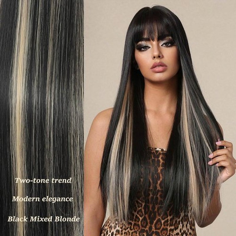 Amarlis Black with Blonde Wigs for Women, Long Straight Stripes Color Wigs with Bangs, Natural Looking Soft Synthetic Fiber Wig for Daily Party