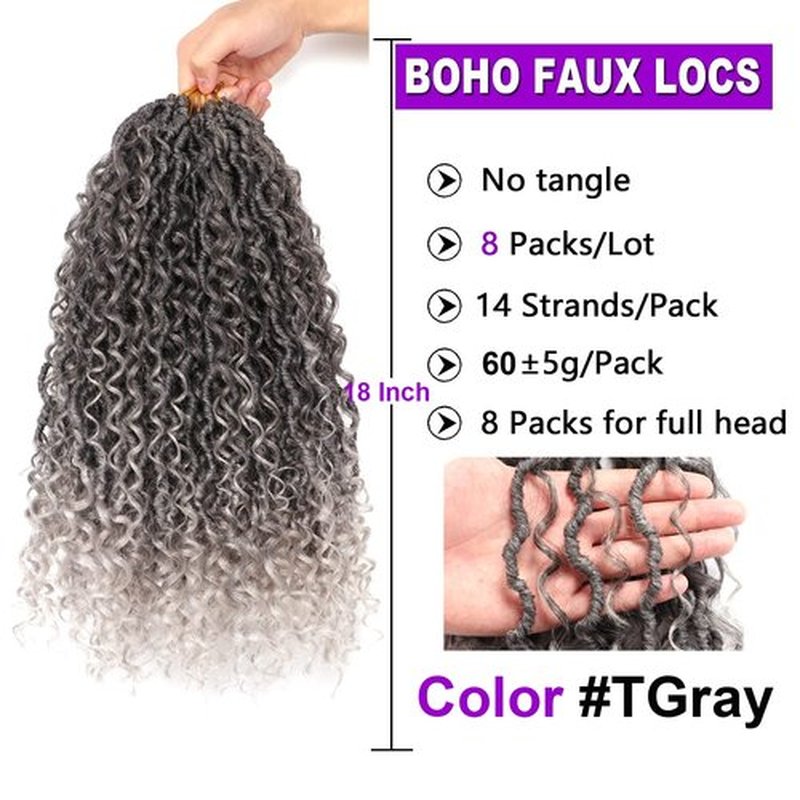 8 Packs Goddess Locs Crochet Hair 18 Inch Faux Locs Crochet Hair for Black Women Pre Looped Soft Locs with Curly Ends (18 Inch (Pack of 8), #1B/Gray)