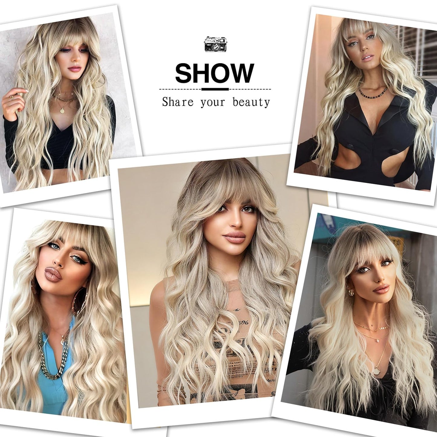BOGSEA Ombre Ash Blonde Wigs with Bangs Blonde Long Wig for Women Ash Blonde Wavy Wigs Synthetic Heat Resistant Fiber Wigs for Daily Party 26 Inch