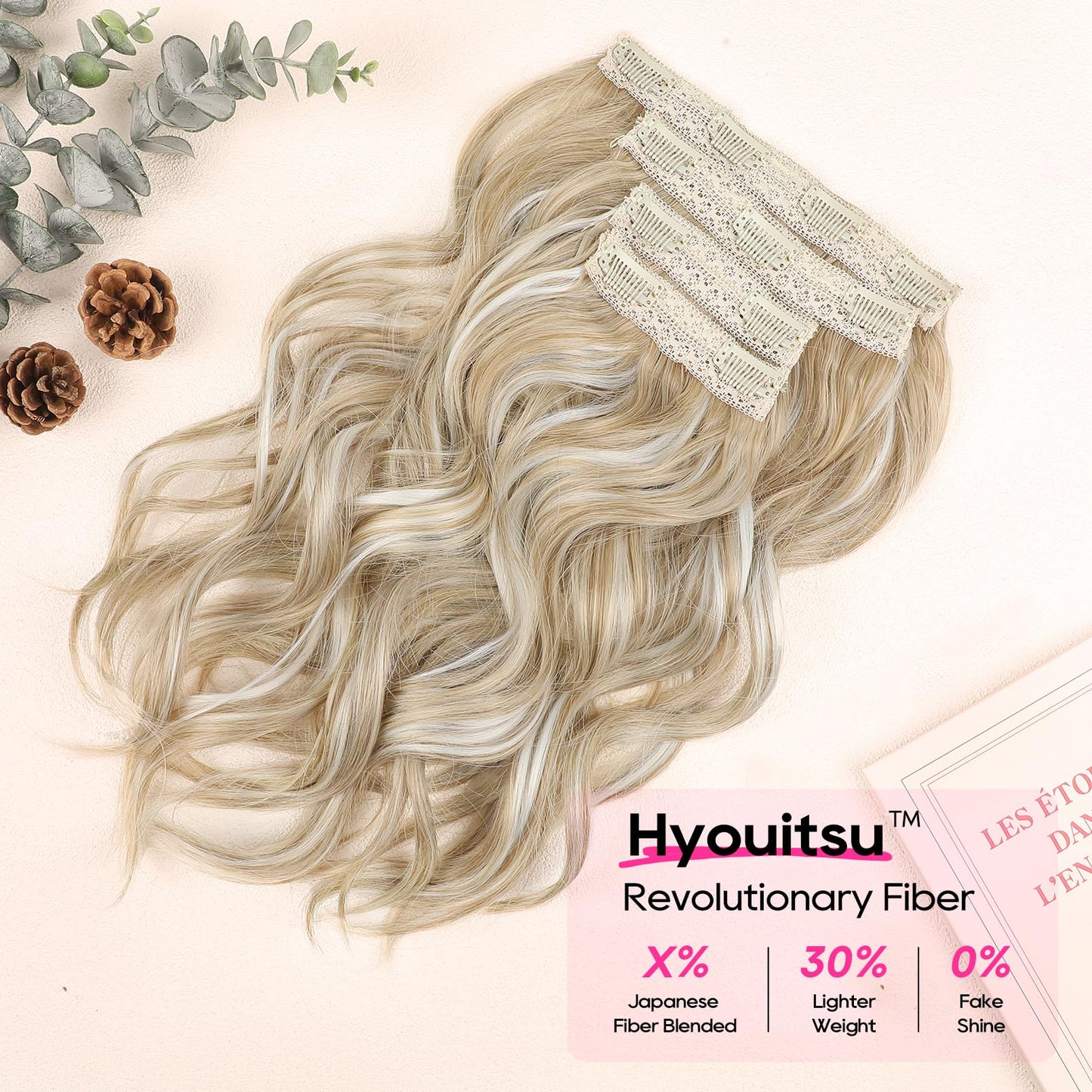 REECHO Hair Extensions, 4PCS Clip in Hair Extensions 14" Short Beach Wavy Hair Extensions Invisible Lace Weft Natural Soft Hairpieces for Women – Ash Blonde with Highlights