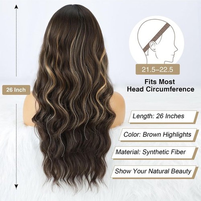 BOGSEA Brown Wigs with Bangs Long Wavy Wig for Women Brown Highlights Wigs with Bangs Synthetic Heat Resistant Fiber Wigs for Daily 26 Inch