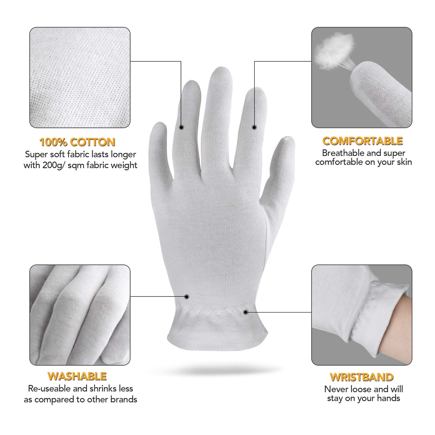 XS Extra Small 10 Pairs 100% Premium Cotton Gloves for Dry Hands | Moisturizing Overnight Gloves for Eczema, Psoriasis & Skin Spa Treatment for Women & Men | Washable & Reusable with Free Laundry Bag