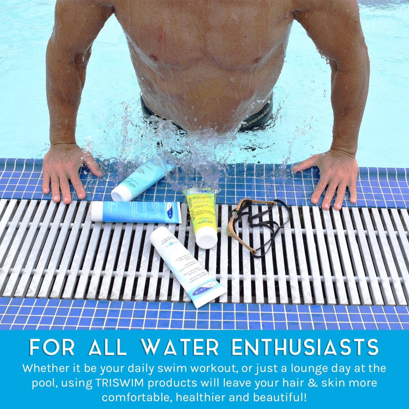 TRISWIM Shot Set in Travel Bag | 2oz Travel Size Chlorine Removal Shampoo, Swimmer’s Conditioner, Swim Body Wash and Lotion | Removes Chlorine, Bromine, Hard Water Minerals & Saltwater and odors