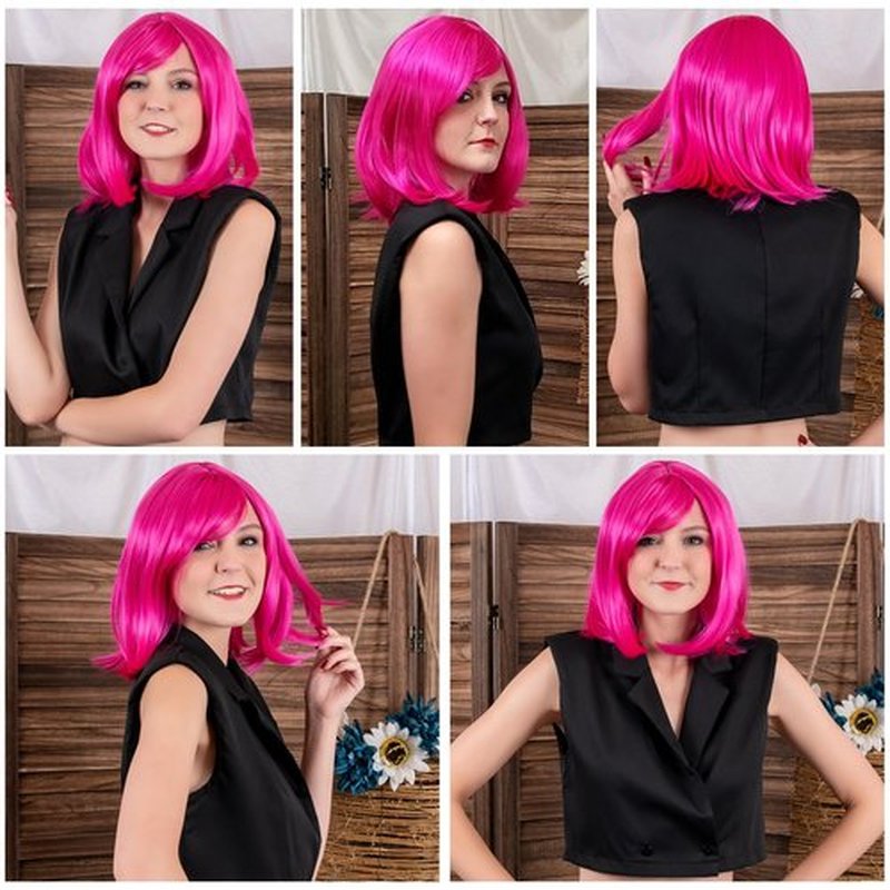 BEAUTIFA Hot Pink Bob Wig with Bangs for Women 12 Inch Short Straight Pink Wigs Synthetic Colorful Wigs