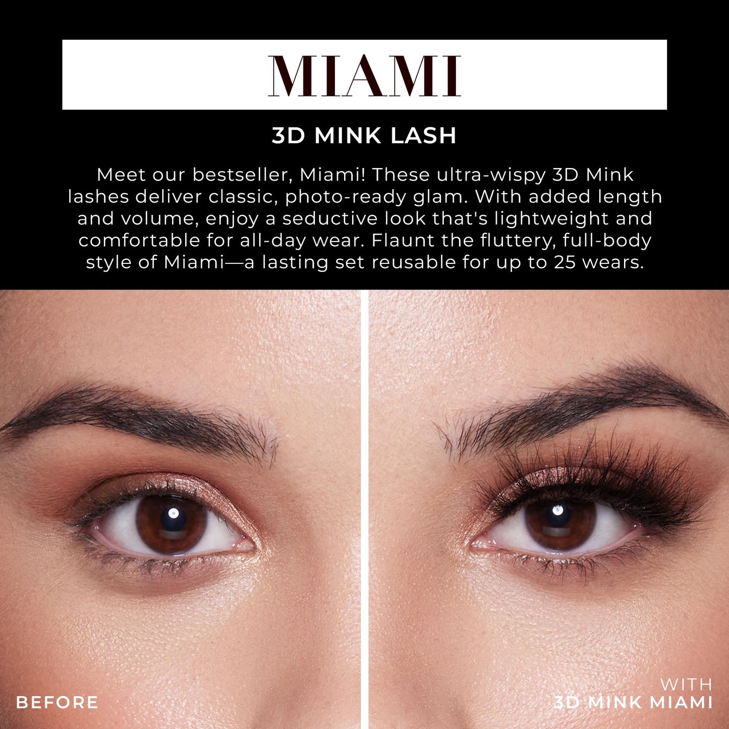 Lilly Lashes Miami 3D Mink Lashes - False Eyelashes Natural Look - Mink Eyelashes for Wispy Lashes Natural Look - Reusable Fake Eyelashes up to 25 Wears - Fluffy Eyelashes for Wispy Eyelashes
