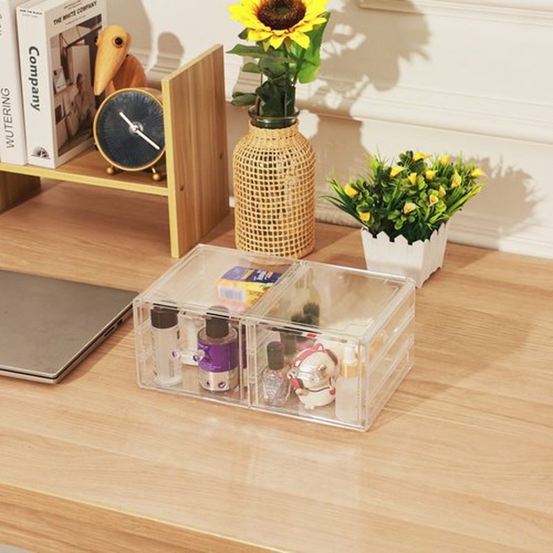 Cq acrylic Clear Stacking Make Up Organizers and Storage With 2 Drawers,4.7" Tall Acrylic Medicine Cabinet Organizer,Plastic Desktop Drawers Organizer for Vanity, Undersink, Kitchen Cabinets,Bathroom