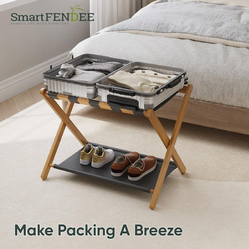 Smart FENDEE 2 Pack Luggage Rack, Folding Luggage Rack for Guest Room, Walnut Bamboo Suitcase Stand Holds up to 131 lb, Luggage Stand with Storage Shelf for Hotel, Bedroom