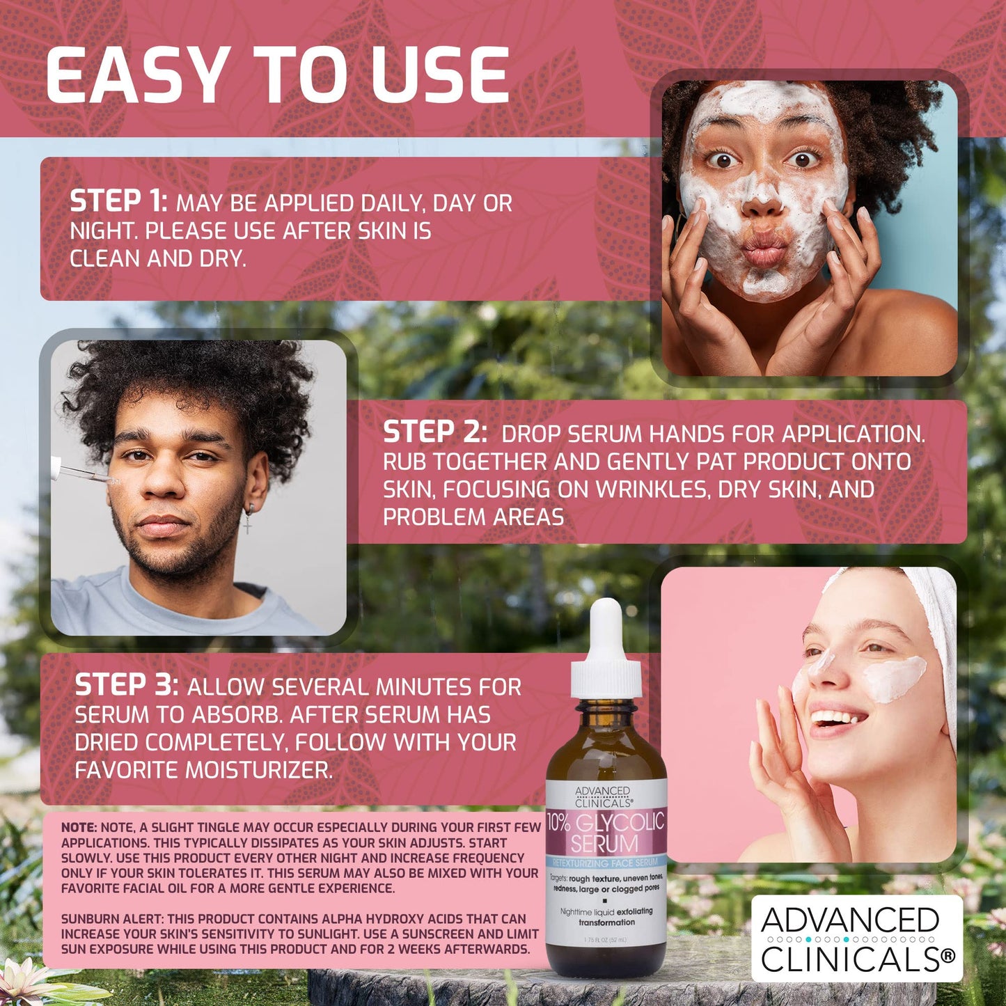 Advanced Clinicals Tea Tree Oil Serum For Face + Vitamin C Serum + Exfoliating 10% Glycolic Acid Serum Skincare Set | Face Serum For Women | Anti Aging Serums To Brighten, Exfoliate, & Hydrate, 3-Set