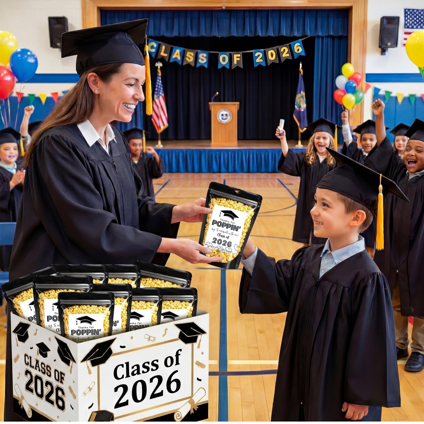 Zhehao 50 Pack Graduation Popcorn Treat Bags Class of 2026 Graduation Party Favors Candy Goodie Cookie Small Gift Bags Thanks for Popping by to Celebrate Resealable Zip Bag Individual Stickers(Black)