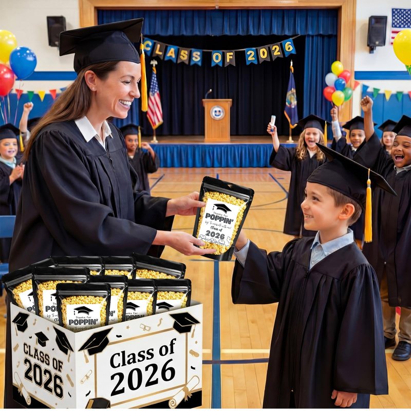 Zhehao 50 Pack Graduation Popcorn Treat Bags Class of 2026 Graduation Party Favors Candy Goodie Cookie Small Gift Bags Thanks for Popping by to Celebrate Resealable Zip Bag Individual Stickers(Black)