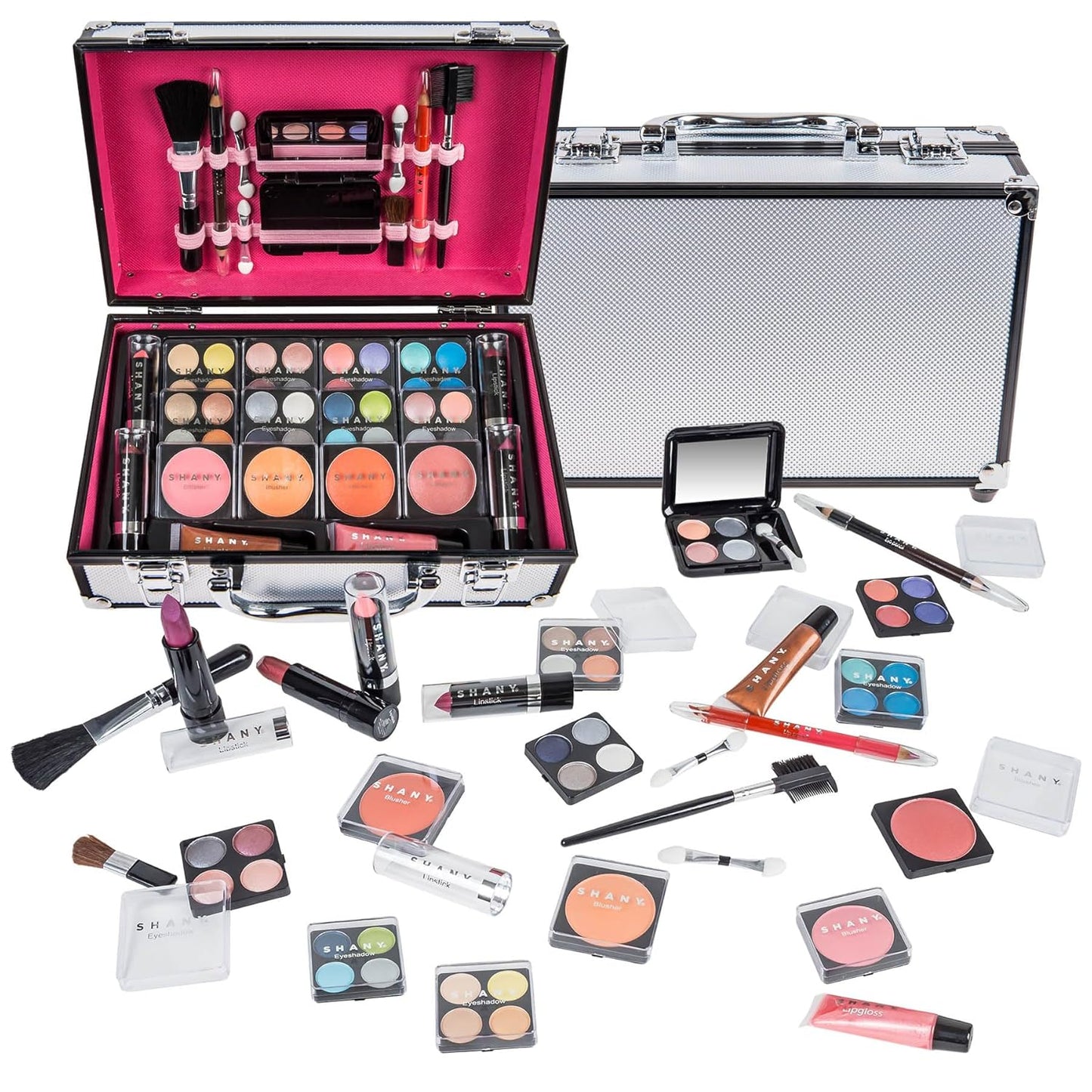 SHANY Carry All Make up Train Case with Pro Makeup Set, Beauty Brushes, Lipsticks, Eye Shadows, Blushes, Powders, and more - Reusable Cosmetics Storage Organizer - Premium Gift Packaging - Leopard