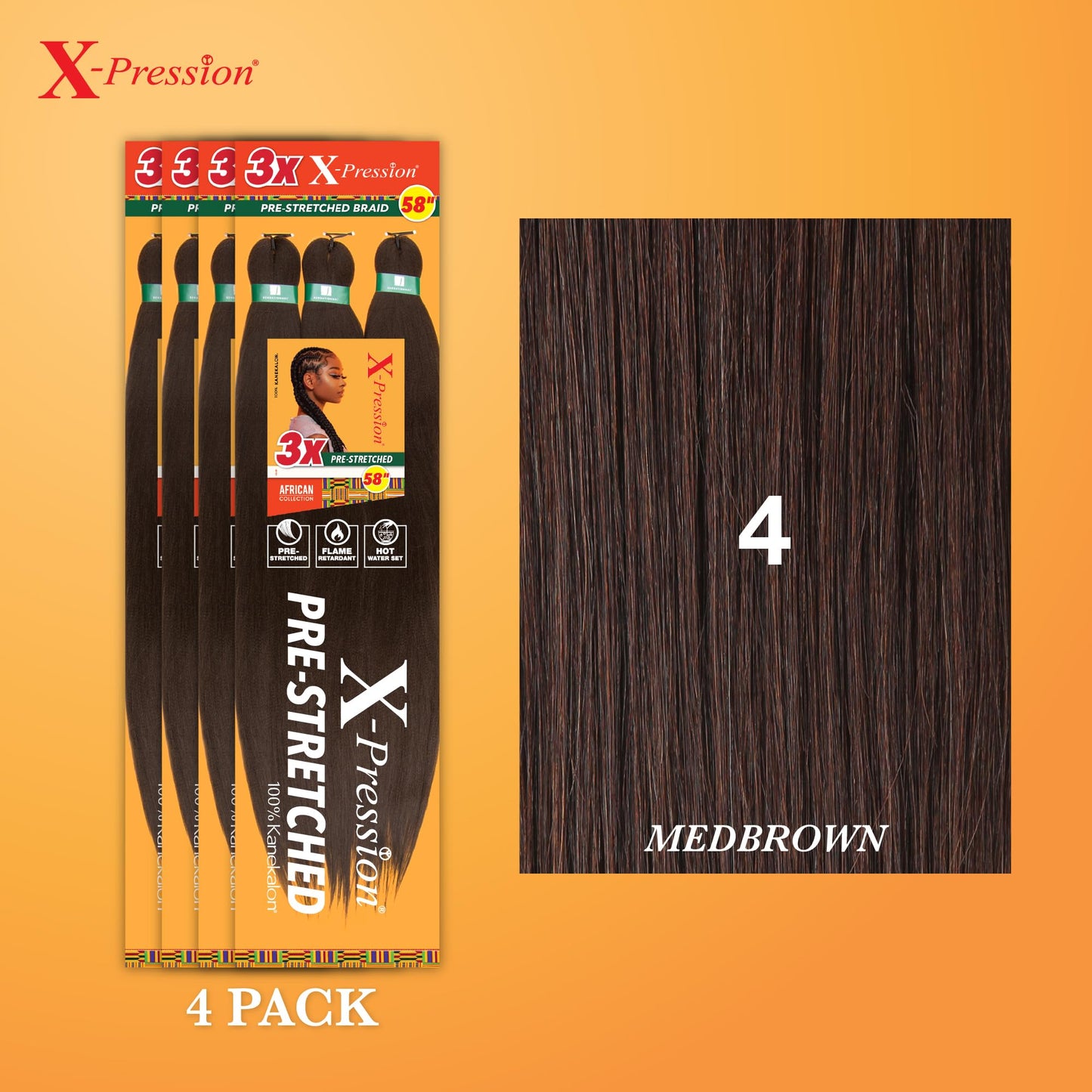 Sensationnel X-pression prestretched braiding hair - 3x braid 58 inch all kanekalon flame retardant synthetic braid for box braids and twists (4 pack, 4 MEDBROWN)