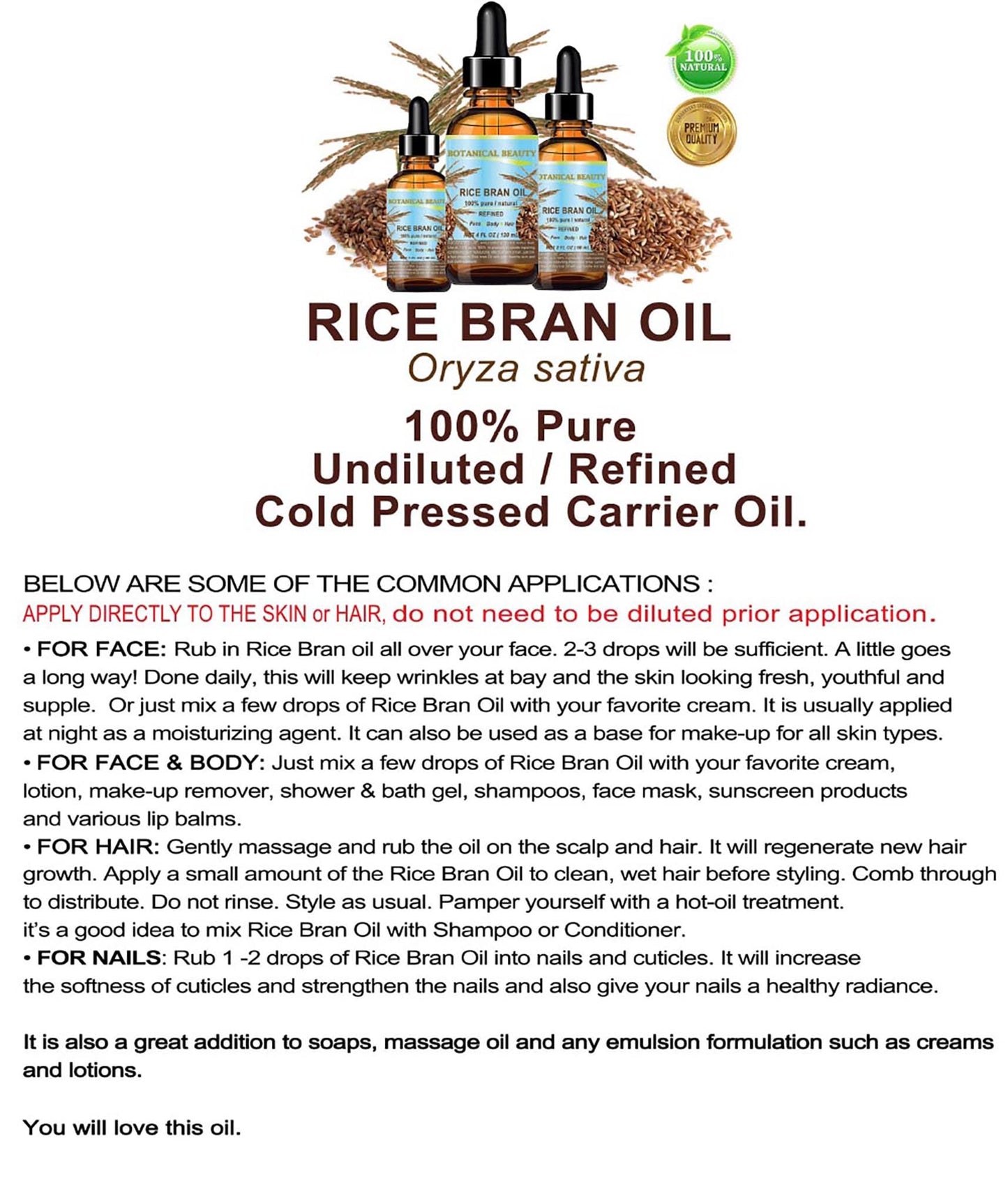 Botanical Beauty RICE BRAN OIL 100% Pure Natural Refined Undiluted Cold Pressed Carrier Oil for Face, Skin, Body, Hair, Massage, Nails. (4 Fl Oz)