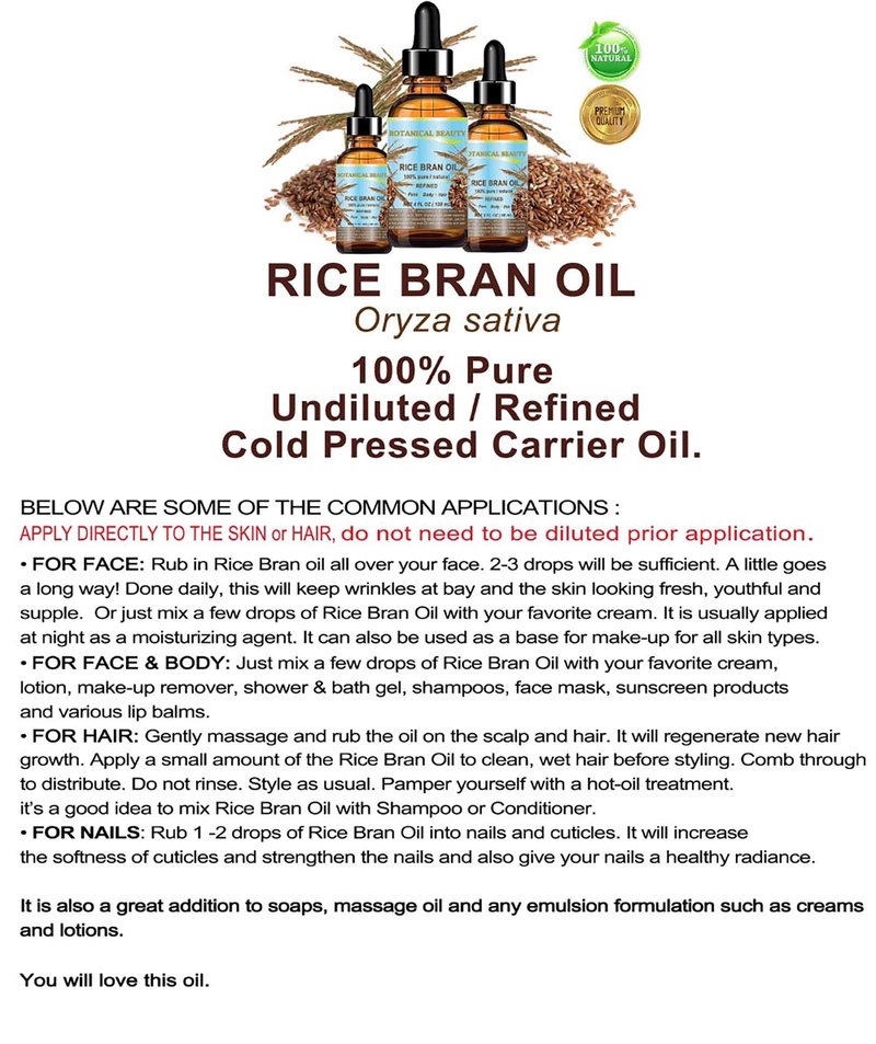 Botanical Beauty RICE BRAN OIL 100% Pure Natural Refined Undiluted Cold Pressed Carrier Oil for Face, Skin, Body, Hair, Massage, Nails. (4 Fl Oz)