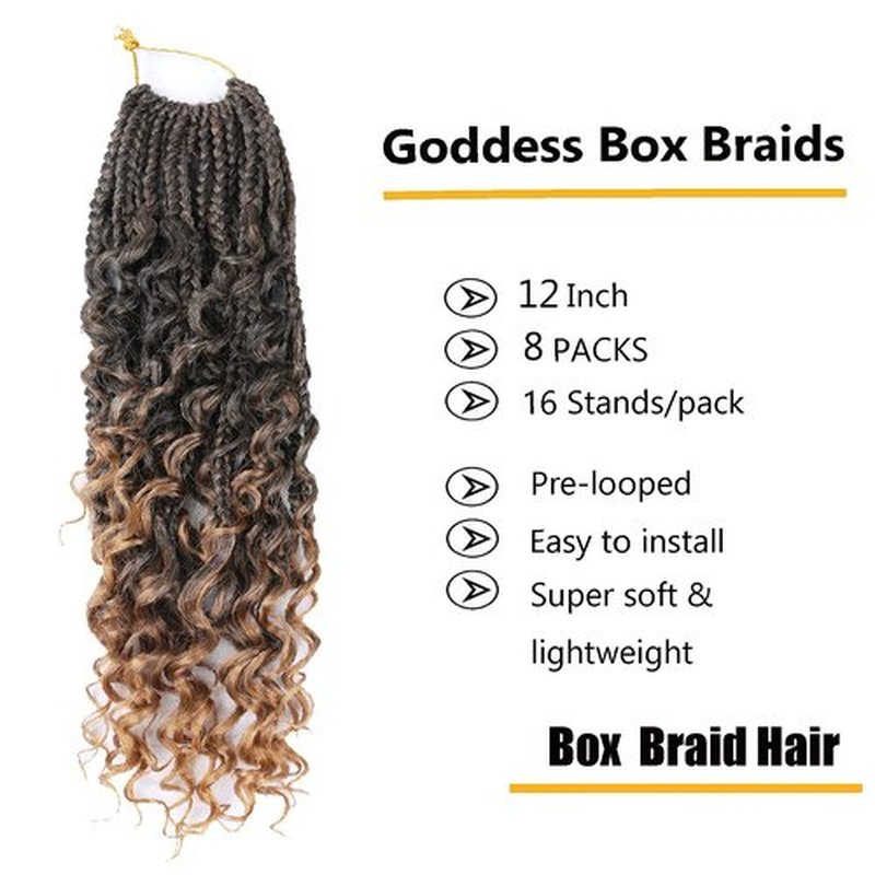 LMZIM 12 Inch Goddess Box Braids Crochet Hair Bohomian Crochet Box Braids Curly Ends 8 Pack 3X Crochet Braids Synthetic Braiding Hair Extension (12inch(pack of 8), T1B/27)