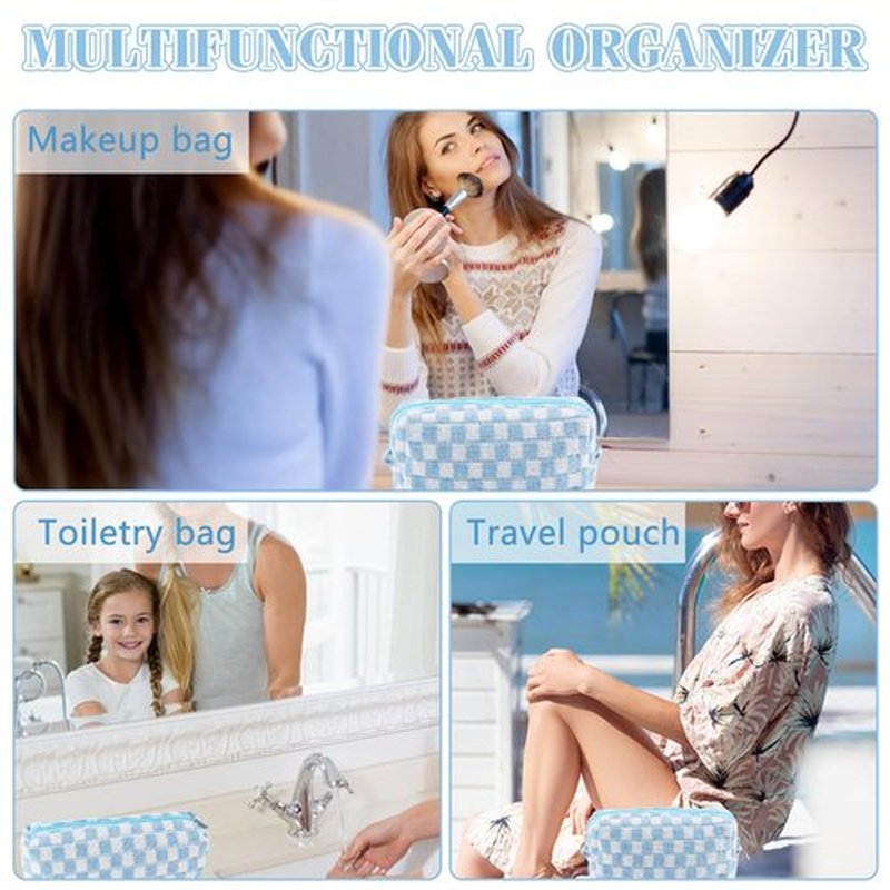 ZLFSRQ 2Pcs Checkered Makeup Bag for Women Pencil Pouch Travel Small Cosmetic Bag Set Cute Makeup Pouch Purse Pencil Case Pencil Bag Zippered Toiletry Bag Organizer Preppy Trendy Storage Bag(Blue)